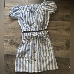 Girls Frill Trim Striped Top & Patch Pocket Belted Skirt Set
